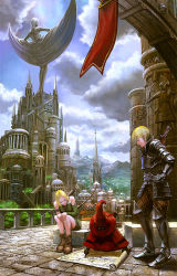 Rule 34 | 1boy, 1girl, armor, back, banner, blonde hair, bow (weapon), castle, cloud, day, fantasy, hat, map, mountain, noba, pixiv fantasia, pixiv fantasia sword regalia, scenery, sitting, sky, statue, sword, tree, weapon, witch hat