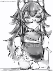 Rule 34 | 1girl, animal ears, apron, bad id, bad pixiv id, belt collar, closed mouth, coffee mug, collar, cup, greyscale, hair flaps, highres, holding, holding spoon, hololive, long hair, monochrome, mug, nanashi (nlo), ookami mio, ookami mio (casual), simple background, solo, spoon, sweatdrop, upper body, virtual youtuber, white background, wolf ears