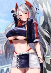Rule 34 | 1girl, azur lane, belt, blurry, blurry foreground, breasts, checkered flag, clothing cutout, cowboy shot, cropped shirt, earpiece, flag, gloves, grey hair, headgear, highres, holding, holding flag, jacket, large breasts, looking at viewer, miniskirt, multicolored hair, navel, official alternate costume, open clothes, open jacket, outdoors, panties, panty straps, prinz eugen (azur lane), prinz eugen (final lap) (azur lane), purple gloves, purple jacket, race queen, red hair, red panties, short sleeves, skirt, solo, standing, streaked hair, swepot, two-tone hair, two-tone skirt, underboob, underboob cutout, underwear, white belt, yellow eyes, zipper