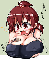 Rule 34 | 1girl, alternate breast size, breasts, brown hair, female focus, large breasts, marui futaba, mitsudomoe, open mouth, red eyes, solo, upper body, zp