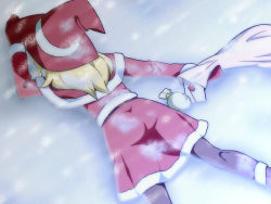 Rule 34 | 1girl, alternate costume, ass, bag, black pantyhose, blonde hair, boots, braid, capelet, faceplant, gift, gloves, hat, jeno, kirisame marisa, letter, love letter, lying, on ground, on stomach, pantyhose, red gloves, santa costume, shirt, single braid, skirt, snow, solo, touhou, witch hat
