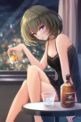 Rule 34 | 1girl, bare arms, bare legs, bare shoulders, black dress, black hair, blue eyes, blush, bottle, breasts, city lights, cleavage, collarbone, commentary request, commission, crossed legs, cup, dress, drinking glass, feet out of frame, from side, green eyes, hand up, heterochromia, highres, holding, holding cup, idolmaster, idolmaster cinderella girls, indoors, kirifrog, looking at viewer, mole, mole under eye, night, open mouth, short hair, sitting, skeb commission, sleeveless, sleeveless dress, smile, solo, takagaki kaede