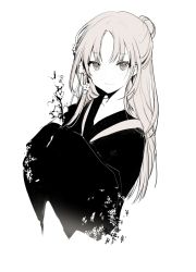 Rule 34 | 1girl, branch, cherry blossoms, greyscale, hair bun, holding, japanese clothes, kimono, long hair, long sleeves, looking at viewer, lpip, mole, mole under eye, monochrome, original, ponytail, single hair bun, sleeves past wrists, smile, solo