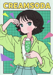 Rule 34 | 1girl, abstract background, arm up, black hair, blush, cherry, closed mouth, collarbone, collared shirt, commentary, cream soda, cup, dress shirt, drinking glass, drinking straw, earrings, english text, food, fruit, green background, green eyes, green shirt, grey skirt, grid background, highres, holding, holding cup, holding food, jewelry, long sleeves, looking at viewer, nail polish, neki (wakiko), original, puffy long sleeves, puffy sleeves, red nails, shirt, skirt, solo, stud earrings, white shirt