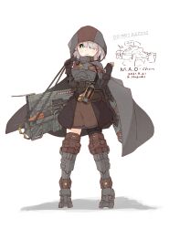 Rule 34 | 1girl, absurdres, armor, battle of titans, brown skirt, buckle, cape, carrying, eating, gloves, green eyes, grey hair, hair over one eye, highres, holding snack, hood, hooded cape, hozukikasumi, huge weapon, leg armor, m.a.o. (battle of titans), mecha musume, mechanical legs, mechanical parts, missile, missile pod, personification, bulletproof vest, shoulder armor, shoulder carry, skirt, standing, weapon, white background