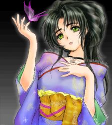 Rule 34 | 1girl, arm up, black hair, bug, butterfly, butterfly on hand, choker, gradient background, green eyes, green hair, hand on own chest, head tilt, insect, japanese clothes, kimono, lipstick, long hair, lowres, makeup, matching hair/eyes, obi, oekaki, original, sash, simple background, solo, upper body, yagisaka seto