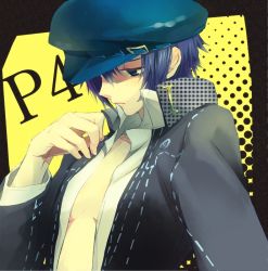 Rule 34 | 1girl, androgynous, atlus, blue eyes, blue hair, breasts, cabbie hat, cleavage, female focus, hat, jacket, looking down, matching hair/eyes, no bra, open clothes, open shirt, persona, persona 4, popped collar, reverse trap, school uniform, shirogane naoto, shirt, short hair, small breasts, solo, tyuraba
