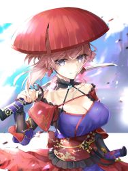 Rule 34 | 1girl, asymmetrical hair, bare shoulders, blue eyes, blue kimono, breasts, cleavage, closed mouth, collarbone, commentary request, detached sleeves, dual wielding, earrings, fate/grand order, fate (series), hair ornament, hane yuki, highres, holding, holding sword, holding weapon, ichimegasa, japanese clothes, jewelry, katana, kimono, large breasts, looking at viewer, magatama, miyamoto musashi (fate), miyamoto musashi (second ascension) (fate), obi, over shoulder, pink hair, ponytail, revision, sash, sheath, sleeveless, sleeveless kimono, smile, solo, sword, sword over shoulder, weapon, weapon over shoulder