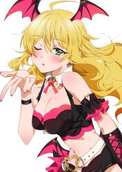Rule 34 | 1girl, ;o, absurdres, ahoge, arm garter, belt, blonde hair, blowing kiss, blush, breasts, cleavage, fingernails, floating hair, green eyes, heart o-ring, highres, hoshii miki, idolmaster, idolmaster (classic), idolmaster million live!, katsu (kana), looking at viewer, medium breasts, nail polish, navel, o-ring, o-ring belt, one eye closed, simple background, solo, stomach, white background, wing hair ornament, wristband