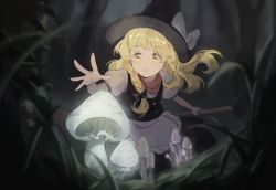 Rule 34 | 1girl, :o, apron, bare arms, black bow, black dress, black hat, blonde hair, bow, braid, breedo, broom, dress, female focus, forest, frilled apron, frills, glowing, glowing mushroom, hair bow, hat, hat bow, highres, holding, holding broom, kirisame marisa, long hair, mushroom, nature, open mouth, orange scarf, outstretched arms, puffy short sleeves, puffy sleeves, reaching, scarf, short sleeves, side braid, single braid, solo, touhou, touhou lost branch of legend, waist apron, white apron, white bow, witch hat, yellow eyes