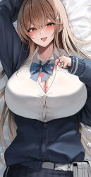 Rule 34 | 1girl, absurdres, blue bow, blue bowtie, blue cardigan, bow, bowtie, breasts, brown eyes, brown hair, button gap, cardigan, claw ring, cleavage, commentary request, goddess of victory: nikke, gyaru, hair ornament, hairclip, hana hebi, highres, jewelry, large breasts, long hair, looking at viewer, multiple rings, open mouth, partially unbuttoned, ring, shirt, smile, solo, spike piercing, tia (nikke), tongue, upper body, white shirt