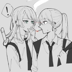 Rule 34 | !, 2girls, bang dream!, bang dream! it&#039;s mygo!!!!!, cigarette, cigarette kiss, closed mouth, collared shirt, commentary request, earclip, earrings, eye contact, green eyes, greyscale, highres, holding, holding cigarette, jewelry, lone nape hair, long hair, looking at another, medium hair, mole, mole under eye, monochrome, multiple girls, nanami (nunnun 0410), ponytail, shiina taki, shirt, smoke, spoken exclamation mark, spot color, sword, translation request, weapon, weapon on back, yahata umiri, yuri