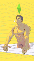 Rule 34 | 1boy, abs, absurdres, bara, black hair, breath, completely nude, facial hair, feet out of frame, flaccid, goatee, head tilt, highres, large pectorals, looking at viewer, male focus, male pubic hair, map, mature male, muscular, muscular male, navel, nipples, nude, pectorals, penis, penis peek, pubic hair, senpai ga uzai kouhai no hanashi, shanshan casey, short hair, solo, stomach, stubble, takeda harumi (shiromanta), thick eyebrows, thick thighs, thighs