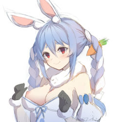 Rule 34 | 1girl, alister, animal ear fluff, animal ears, bad id, bad pixiv id, bare shoulders, black gloves, blue hair, blush, braid, breasts, carrot, carrot hair ornament, cleavage, closed mouth, eyebrows, food-themed hair ornament, gloves, hair between eyes, hair ornament, hololive, long braid, looking at viewer, medium breasts, nipples, no bra, one breast out, rabbit ears, rabbit girl, red eyes, smile, solo, twin braids, usada pekora, usada pekora (1st costume), virtual youtuber, wardrobe malfunction, white background