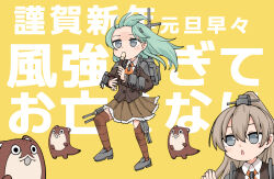 Rule 34 | 2girls, akizuki akina, blazer, bokukawauso, brown hair, brown jacket, brown skirt, brown thighhighs, collared shirt, commentary request, empty eyes, floating hair, flute, forehead, green hair, grey eyes, instrument, jacket, kantai collection, kumano (kancolle), kyoufuu all back (vocaloid), long hair, long sleeves, multiple girls, music, necktie, orange necktie, playing instrument, pleated skirt, recorder, rigging, shirt, skirt, suzuya (kancolle), thighhighs, torpedo tubes, translation request, turret, white shirt, wind, yellow background
