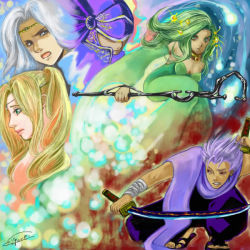 Rule 34 | 1990s (style), 2girls, 3boys, blonde hair, cain highwind, cecil harvey, closed mouth, edward geraldine, final fantasy, final fantasy iv, green hair, holding, holding sword, holding weapon, lips, looking afar, looking at viewer, magic, multiple boys, multiple girls, profile, rod, rosa farrell, rydia (ff4), scarf, silver hair, smile, spiked hair, staff, sword, unsheathed, upper body, weapon