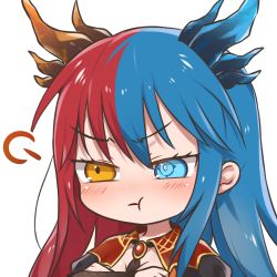 Rule 34 | 1girl, blue eyes, blue hair, blue horns, blush, breasts, bright pupils, chibi, cleavage, commission, commissioner upload, crossed arms, dragon girl, dragon horns, dress, gem, horns, inferna dragnis (xoldrek), jewelry, long hair, long sleeves, looking away, medium breasts, multicolored eyes, multicolored hair, multicolored horns, necktie, orange eyes, original, pale skin, pout, red hair, red horns, scales, solo, split-color hair, standing, symbol-shaped pupils, transparent background, usagi1923, white pupils