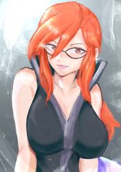 Rule 34 | 1girl, bare shoulders, black shirt, breasts, brown eyes, cleavage, closed mouth, collarbone, collared shirt, creatures (company), elite four, game freak, glasses, glint, high collar, highres, large breasts, lips, long hair, looking at viewer, lorelei (pokemon), nintendo, orange hair, pink lips, pokemon, pokemon frlg, shirt, sleeveless, sleeveless shirt, smile, solo, upper body, vialnite