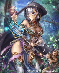 Rule 34 | 1girl, bird, blue eyes, braid, breasts, chain, contrapposto, corset, detached sleeves, frills, glasses, grey hair, hat, hobak, jewelry, large breasts, lots of jewelry, nature, necklace, no bra, no panties, owl, see-through, short hair, side braid, smile, solo, sparkle, squiggle, staff, standing, tenkuu no crystalia, thighhighs