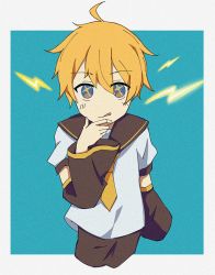 Rule 34 | + +, 1boy, ahoge, blonde hair, blue eyes, detached sleeves, electricity, hand on own chin, kagamine len, lightning bolt symbol, male focus, necktie, sailor collar, shorts, sketch, solo, star-shaped pupils, star (symbol), symbol-shaped pupils, tongue, tongue out, vocaloid, zimoow