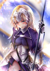 Rule 34 | 1girl, absurdres, armor, armored boots, armored dress, blonde hair, blue eyes, blush, boots, braid, breasts, bug, butterfly, capelet, chain, donatsu (donut007008), fate/apocrypha, fate/grand order, fate (series), faulds, flag, flagpole, gauntlets, head tilt, headpiece, highres, insect, jeanne d&#039;arc (fate), jeanne d&#039;arc (ruler) (fate), long braid, long hair, looking at viewer, medium breasts, single braid, solo, sword, weapon