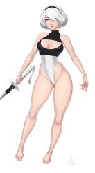 Rule 34 | 1girl, 2b (nier:automata), aesdev3, barefoot, blue eyes, breasts, cleavage cutout, clothing cutout, curvy, feet, hair over one eye, heattech leotard, highleg, highleg leotard, highres, legs, leotard, looking at viewer, medium breasts, nier:automata, nier (series), short hair, solo, sword, thick thighs, thighs, thong leotard, turtleneck, weapon, white background, white hair, wide hips