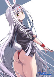 1girl absurdres animal_ears artist_name ass azur_lane black_jacket closed_mouth commentary dated dated_commentary from_behind grey_hair highleg highleg_panties highres jacket long_hair looking_at_viewer panties rabbit_ears rabbit_girl rabbit_tail red_panties shimakaze_(azur_lane) signature solo tail umyonge_(lkakeu) underwear very_long_hair yellow_eyes