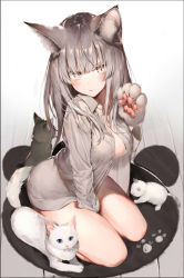 Rule 34 | 1girl, animal ear fluff, animal ears, animal hands, bottomless, breasts, cat, cat ears, closed mouth, collared shirt, full body, grey eyes, grey shirt, hair between eyes, hand up, highres, kouyafu, large breasts, long hair, long sleeves, looking at viewer, naked shirt, no bra, open clothes, open shirt, original, paw pose, seiza, shirt, silver hair, sitting, solo, wooden floor