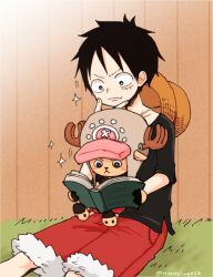 Rule 34 | 2boys, black eyes, black hair, book, facial scar, feet out of frame, full body, grey headwear, hand on own face, hat, hat on back, holding, holding book, male focus, monkey d. luffy, multiple boys, on grass, on ground, on lap, one piece, oversized hat, pokesumomo, reading, reindeer, scar, scar on cheek, scar on face, short hair, sitting, straw hat, tony tony chopper
