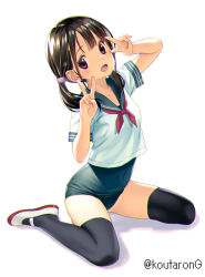Rule 34 | 1girl, black hair, black thighhighs, blue one-piece swimsuit, blue sailor collar, breasts, brown eyes, covered navel, double v, flat chest, koutaro, long hair, low twintails, neckerchief, one-piece swimsuit, original, red neckerchief, sailor collar, sailor shirt, school uniform, serafuku, shirt, shoes, simple background, sitting, small breasts, solo, swimsuit, swimsuit under clothes, thighhighs, twintails, twitter username, uwabaki, v, wariza, white background