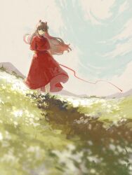Rule 34 | 1girl, arm behind back, blurry, blurry foreground, brown hair, commentary, day, dress, fisheye, floating hair, ge dazuo, green eyes, highres, horns, long hair, looking at viewer, mountainous horizon, original, outdoors, red dress, red horns, red ribbon, ribbon, short sleeves, solo, standing, wide shot, wind