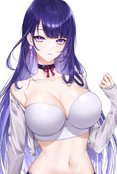 Rule 34 | 1girl, absurdres, alternate costume, bandeau, bare shoulders, black choker, breasts, choker, cleavage, collarbone, crop top, cropped jacket, earrings, genshin impact, glint, hand up, highres, jacket, jewelry, large breasts, long hair, long sleeves, looking at viewer, midriff, mole, mole under eye, navel, off shoulder, open clothes, open jacket, parted lips, purple eyes, purple hair, raiden shogun, raku (clearpage), simple background, skindentation, sleeves past wrists, solo, stomach, straight hair, strapless, tube top, upper body, very long hair, white background, white jacket