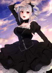 Rule 34 | 1girl, :d, arm up, black bow, black dress, black ribbon, black sleeves, bow, breasts, bustier, choker, cleavage, collarbone, corset, detached sleeves, dress, drill hair, frilled bow, frills, gothic lolita, hair between eyes, hair bow, highres, idolmaster, idolmaster cinderella girls, kanzaki ranko, large breasts, layered dress, lolita fashion, long sleeves, open mouth, red eyes, ribbon, senju (snz0), short hair, side drill, side ponytail, sidelocks, silver hair, sleeveless, sleeveless dress, smile, solo, standing, strapless, strapless dress