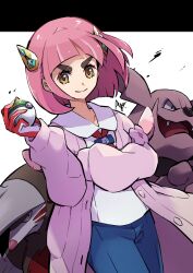 Rule 34 | 1girl, ayo (ayosanri009), brown eyes, buttons, closed mouth, coat, collared shirt, commentary request, creatures (company), excadrill, eyelashes, game freak, gen 2 pokemon, gen 5 pokemon, gloves, granbull, hair ornament, hairclip, highres, holding, holding poke ball, lacey (pokemon), long sleeves, medium hair, nest ball, nintendo, open clothes, open coat, pink hair, poke ball, pokemon, pokemon (creature), pokemon sv, red gloves, shirt, signature, smile, white shirt