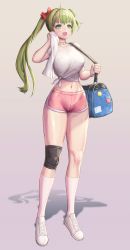 Rule 34 | 1girl, absurdres, bad id, bad pixiv id, breasts, dolphin shorts, go-jang, green eyes, green hair, gym shorts, hair bun, heart, heart necklace, highres, jewelry, knee pads, kneehighs, last origin, lindwurm (last origin), midriff, navel, necklace, open mouth, see-through, shirt, shoes, short shorts, shorts, single hair bun, smile, sneakers, socks, solo, tied shirt