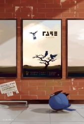 Rule 34 | bird, brick wall, character print, closed mouth, commentary request, corviknight, corvisquire, crack, cracked wall, creatures (company), game freak, gen 8 pokemon, highres, looking up, mokuzou (moku ssbu), nintendo, no humans, pokemon, pokemon (creature), poster (object), red eyes, rookidee, solo, tile floor, tiles