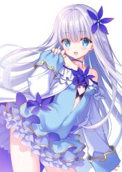 Rule 34 | 1girl, :d, bare shoulders, blue choker, blue dress, blue eyes, blue flower, blush, breasts, choker, collarbone, commission, contrapposto, copyright request, dress, flower, frilled dress, frills, grey hair, hair flower, hair ornament, hand up, highres, jacket, long hair, long sleeves, looking at viewer, off-shoulder jacket, off shoulder, open mouth, pinching sleeves, pixiv commission, sacraneco, simple background, sleeves past wrists, small breasts, smile, solo, strapless, strapless dress, very long hair, white background, white jacket