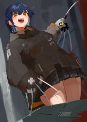 Rule 34 | 1girl, :d, absurdres, blood, blue hair, blush, breasts, brown eyes, claws, dutch angle, gloves, highres, jacket, long hair, looking at viewer, multicolored hair, open mouth, original, pleated skirt, sharp teeth, skirt, smile, solo, teeth, two-tone hair, yunimaru
