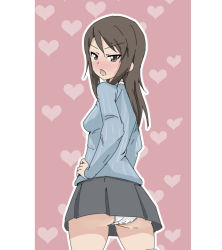 Rule 34 | 1girl, ass, blue shirt, blush, brown eyes, brown hair, commentary, cowboy shot, from behind, frown, girls und panzer, glaring, grey skirt, hand on own hip, heart, heart background, keizoku school uniform, long hair, long sleeves, looking at viewer, looking back, mal (malmlamal), mika (girls und panzer), miniskirt, no headwear, open mouth, outline, panties, pantyshot, pink background, pleated skirt, school uniform, shirt, skirt, solo, standing, striped clothes, striped shirt, underwear, vertical-striped clothes, vertical-striped shirt, white outline, white panties