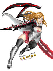 Rule 34 | 1girl, arm blade, armor, armored boots, blonde hair, blue eyes, boots, braid, breasts, character name, cleavage, crusaders quest, greaves, grey footwear, highres, isabel (crusaders quest), knee boots, kumiko shiba, large breasts, long hair, armored boots, pleated skirt, side braid, simple background, skirt, solo, thighhighs, weapon