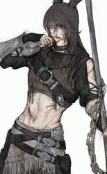 Rule 34 | 1boy, animal ears, black eyes, black hair, blood, blood on face, chain, chest belt, closed mouth, final fantasy, final fantasy xiv, hand up, highres, injury, long hair, looking at viewer, male focus, midriff, rabbit ears, simple background, solo, standing, tladpwl03, toned, toned male, viera, warrior of light (ff14), white background