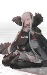 Rule 34 | 1girl, aiguillette, armband, bad id, bad pixiv id, black coat, black footwear, black hat, black ribbon, black skirt, blush, boots, breasts, character name, choker, cleavage, coat, collared shirt, commentary, cross, cross choker, dated, fur-trimmed coat, fur trim, girls&#039; frontline, hair between eyes, hair ribbon, half-closed eyes, hat, head tilt, highres, holding, holding clothes, holding hat, iron cross, jacket, jacket on shoulders, kar98k (girls&#039; frontline), long hair, looking at viewer, medium breasts, outdoors, oversized clothes, peaked cap, red eyes, ribbon, shirt, sidelocks, signature, silver hair, sitting, skirt, smile, snow, snowing, solo, suerte, thigh boots, thighhighs, thighs, unworn hat, unworn headwear, very long hair, wariza