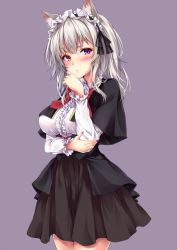 Rule 34 | 1girl, animal ears, black skirt, blush, bow, bowtie, breasts, capelet, cat ears, center frills, cowboy shot, frilled shirt, frills, hairband, hand on own arm, hand on own face, hand up, high-waist skirt, lolita hairband, long hair, long sleeves, looking at viewer, marisasu (marisa0904), medium breasts, nail polish, original, purple background, purple eyes, red bow, red bowtie, red eyes, shirt, silver hair, simple background, skirt, solo, standing, white shirt
