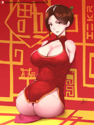 Rule 34 | 1girl, absurdres, amputee, breasts, brown eyes, brown hair, chinese clothes, cleavage, dress, eniksu, full body, hair bun, highres, large breasts, no bra, parted lips, quadruple amputee, red dress, short dress, short hair, signature, single hair bun, sleeveless, sleeveless dress, solo