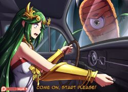 Rule 34 | 1girl, absurdres, ancient greek clothes, artist name, breasts, car interior, carrot, chiton, constricted pupils, dress, english text, green eyes, green hair, highres, kid icarus, kid icarus uprising, large breasts, laurel crown, mgx0, nintendo, open mouth, palutena, patreon logo, scared, subtitled, watermark, white dress
