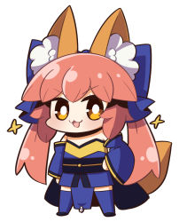 Rule 34 | 1girl, :3, :d, animal ears, blue bow, blue kimono, blue thighhighs, bow, chibi, commentary request, detached sleeves, fate/extra, fate (series), fox ears, fox girl, fox tail, full body, hair bow, hand on own hip, japanese clothes, kimono, light blush, long hair, long sleeves, looking at viewer, obi, open mouth, pelvic curtain, pink hair, plover, sash, sidelocks, simple background, smile, smug, solo, sparkle, split ponytail, standing, tail, tamamo (fate), tamamo no mae (fate/extra), thighhighs, tongue, v-shaped eyebrows, white background, wide sleeves, yellow eyes, zettai ryouiki