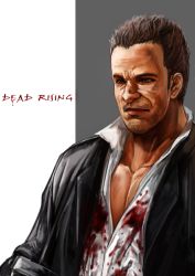 Rule 34 | 1boy, blood, brown hair, capcom, dead rising, frank west, male focus, realistic, sachito, solo, white background