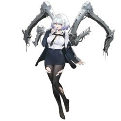 Rule 34 | 1girl, :p, artist request, belt, black necktie, black pantyhose, blue jacket, blue skirt, breasts, chest harness, colored tips, damaged, extra arms, feet, full body, girls&#039; frontline, hand to own mouth, harness, jacket, large breasts, long sleeves, looking at viewer, mechanical arms, morridow (boss) (girls&#039; frontline), morridow (girls&#039; frontline), multicolored hair, necktie, no shoes, off shoulder, official art, pantyhose, paradeus, partially unbuttoned, pencil skirt, purple hair, short hair, simple background, skirt, smile, solo, spoilers, toes, tongue, tongue out, torn clothes, torn pantyhose, transparent background, white hair, yellow eyes