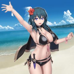 Rule 34 | 1girl, arm up, armpits, asamura hiori, beach, belt, bikini, black bikini, black capelet, blue eyes, blue hair, blue sky, blush, breasts, byleth (female) (fire emblem), byleth (female) (summer) (fire emblem), byleth (fire emblem), capelet, choker, cleavage, dagger, day, fire emblem, fire emblem: three houses, fire emblem heroes, flower, hair flower, hair ornament, highres, jewelry, knife, large breasts, looking at viewer, medium hair, navel, necklace, nintendo, ocean, official alternate costume, open mouth, shore, sideboob, sky, smile, swimsuit, tassel, thighs, weapon