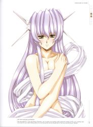 Rule 34 | 1girl, absurdres, bed sheet, breasts, cleavage, cowboy shot, frayne (growlanser), growlanser, hair between eyes, highres, long hair, naked sheet, official art, scan, simple background, solo, urushihara satoshi, very long hair, white background